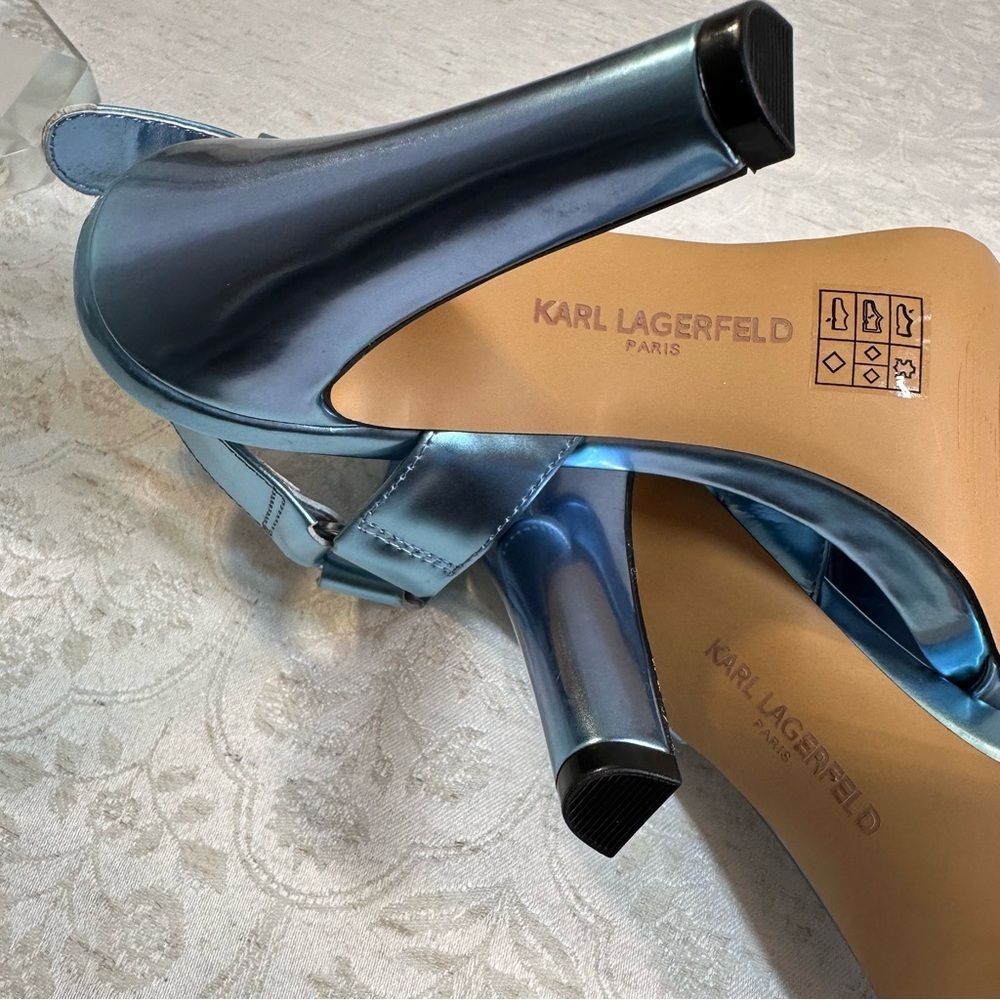 KARL LAGERFELD PARIS Cieone Blue Metallic High 4in Heel Holiday Party NWT Size 7 - Picture 9 of 10